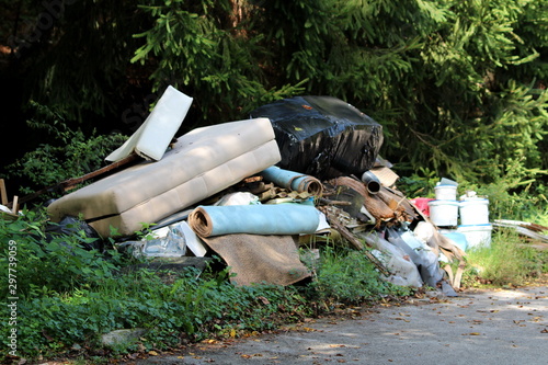 Illegal garbage dump near local paved forest road filled with domestic garbage surrounded with tall grass and forest vegetation on warm sunny summer day