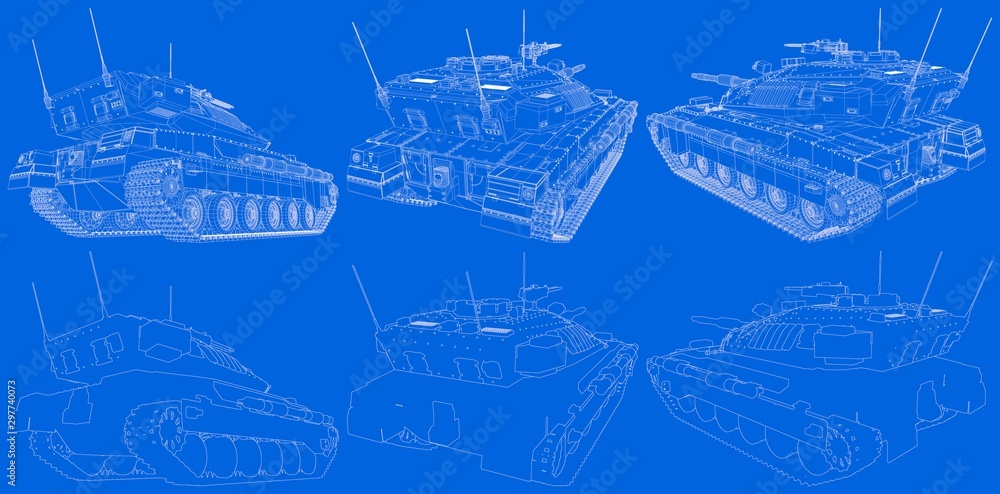 blue print of outlined isolated 3D heavy tank with design that not exists, very high resolution tank troops concept - military 3D Illustration