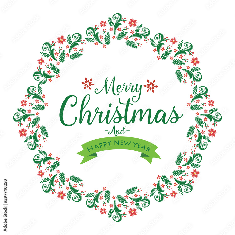 Greeting card design merry christmas and happy new year, with artwork of green leaf flower frame. Vector