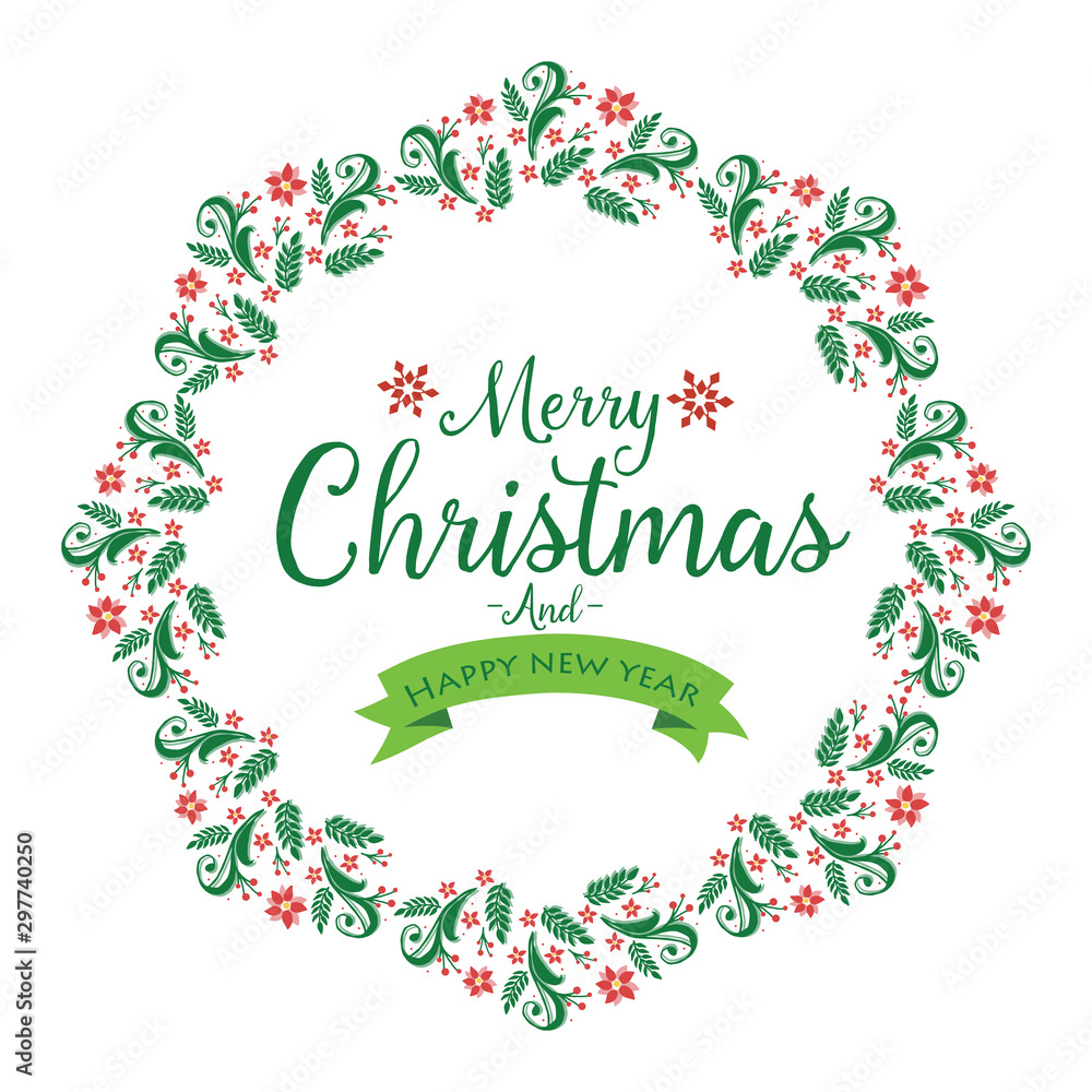 Greeting card design merry christmas and happy new year, with artwork of green leaf flower frame. Vector Greeting card design merry christmas and happy new year, with artwork of green leaf flower frame. Vector