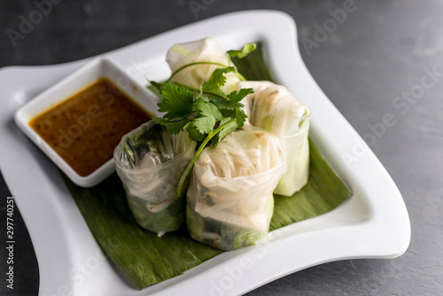 Shrimp Udang Roll with basil, bean sprouts, and peanut dipping sauce.