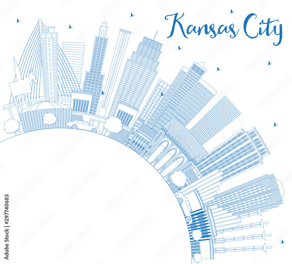 Outline Kansas City Missouri Skyline with Blue Buildings and Copy Space.