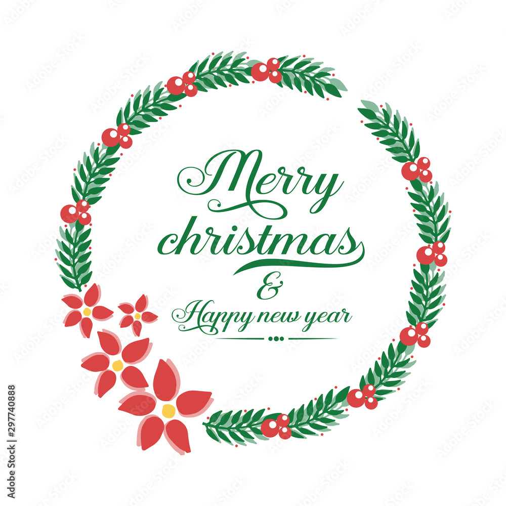 Ornate of greeting card merry christmas and happy new year, with decor cute green leaf floral frame. Vector Ornate of greeting card merry christmas and happy new year, with decor cute green leaf floral frame. Vector