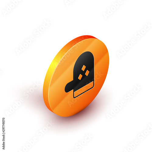 Isometric Oven glove icon isolated on white background. Kitchen potholder sign. Cooking glove. Orange circle button. Vector Illustration