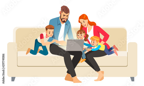 Portrait of a jolly family using a laptop sitting on sofa at home. Vector illustration in cartoon style.