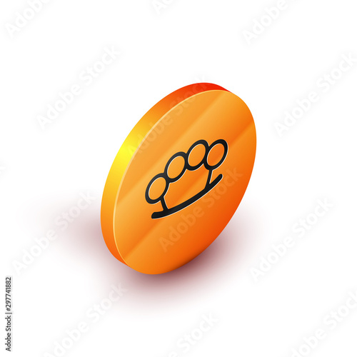 Isometric Brass knuckles icon isolated on white background. Orange circle button. Vector Illustration