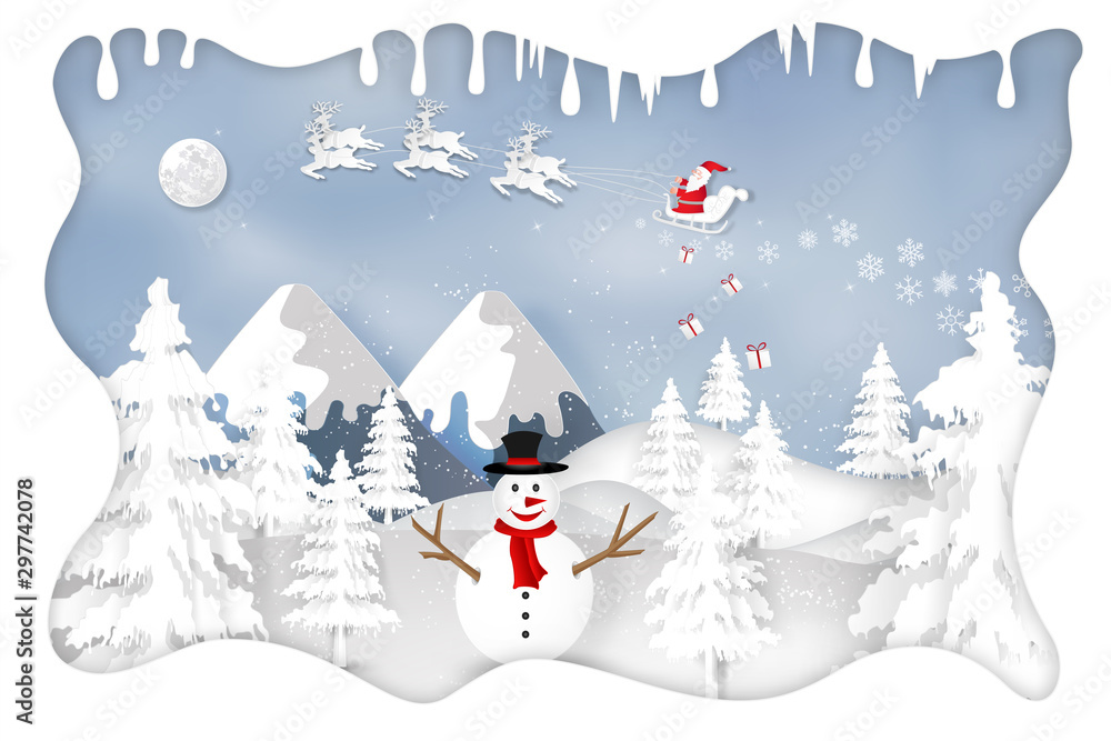 Paper art, cut and digital craft style of Santa Claus on Sleigh and Reindeer with snowman in the merry christmas night and  happy new year as holiday and x'mas day concept. vector illustration.