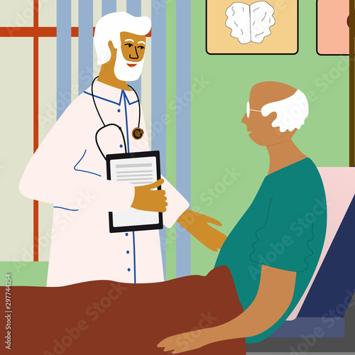 Doctor  visit and examining old man who lying in bed with dropper intensive therapy. Care of elderly people medical concept with doctor and patient. Vector illustration in trendy cartoon style.