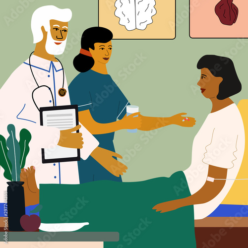 Doctor and patient medical concept. Doctor and nurse visiting, consulting and examining a woman in bed at the hospital room. Trendy colorful vector illustration in flat cartoon style.