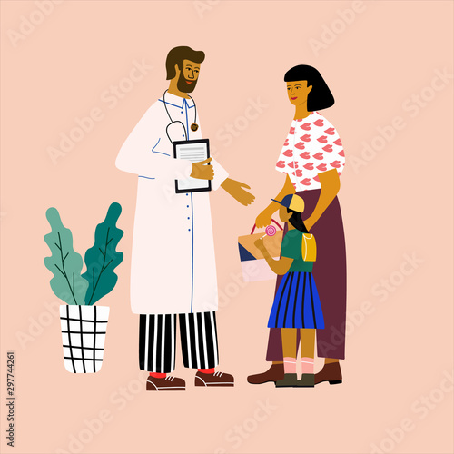 Doctor and patient medical concept. Pediatrician consulting  a woman with a child. Trendy colorful vector illustration in flat cartoon style.