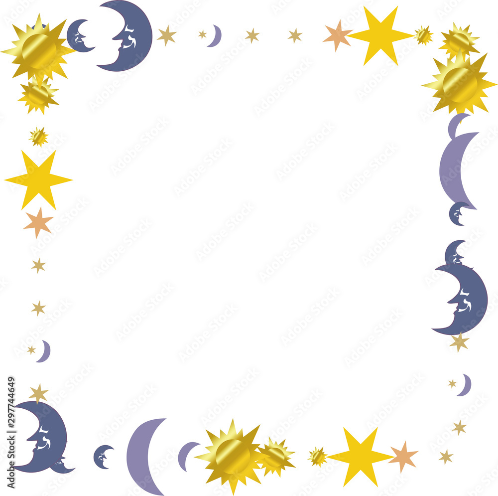 Retro illustration of a smiling sun and moon , fantastic picture, frame, mandala.EPS10 vector.
