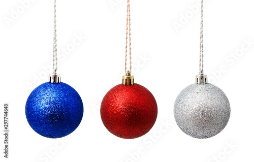Perfect hunging red blue silver christmas balls isolated on a white