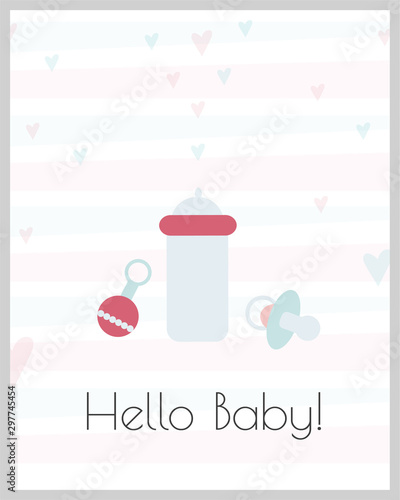 Little baby invitation, postcard. Hello baby invitation. Baby bottle and nipple