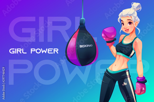 Woman in boxing gloves posing at punching bag in sportswear with crown print on sportive trousers. Girl power concept, blonde sportswoman with athletics muscular body. Cartoon vector illustration