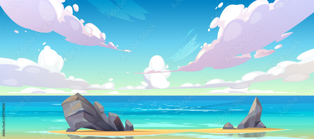 Ocean or sea beach nature landscape with fluffy clouds flying in sky and  rocks sticking up from sand in coastline. Morning or day time summer  tranquil seascape background, Cartoon vector illustration Stock