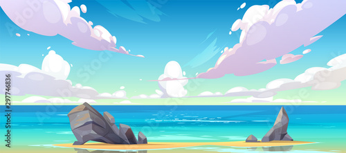 Ocean or sea beach nature landscape with fluffy clouds flying in sky and rocks sticking up from sand in coastline. Morning or day time summer tranquil seascape background, Cartoon vector illustration