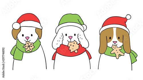 Cartoon cute Christmas Dogs eating cookies vector.