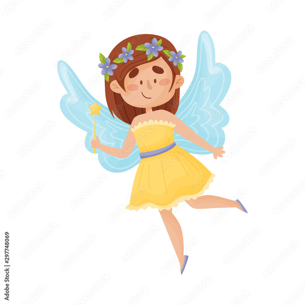 Cartoon fairy in a yellow dress with a wreath on his head. Vector illustration on a white background. Cartoon fairy in a yellow dress with a wreath on his head. Vector illustration on a white background.