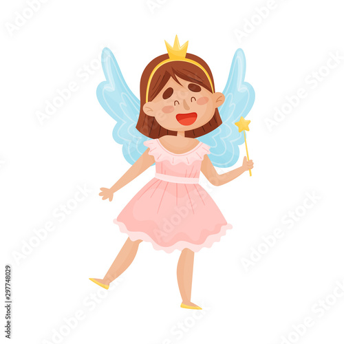 Cartoon fairy in a pink dress with a crown on her head. Vector illustration on a white background.