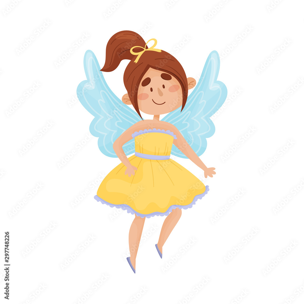 Cartoon fairy in a yellow dress with a light blue frill. Vector illustration on a white background. Cartoon fairy in a yellow dress with a light blue frill. Vector illustration on a white background.