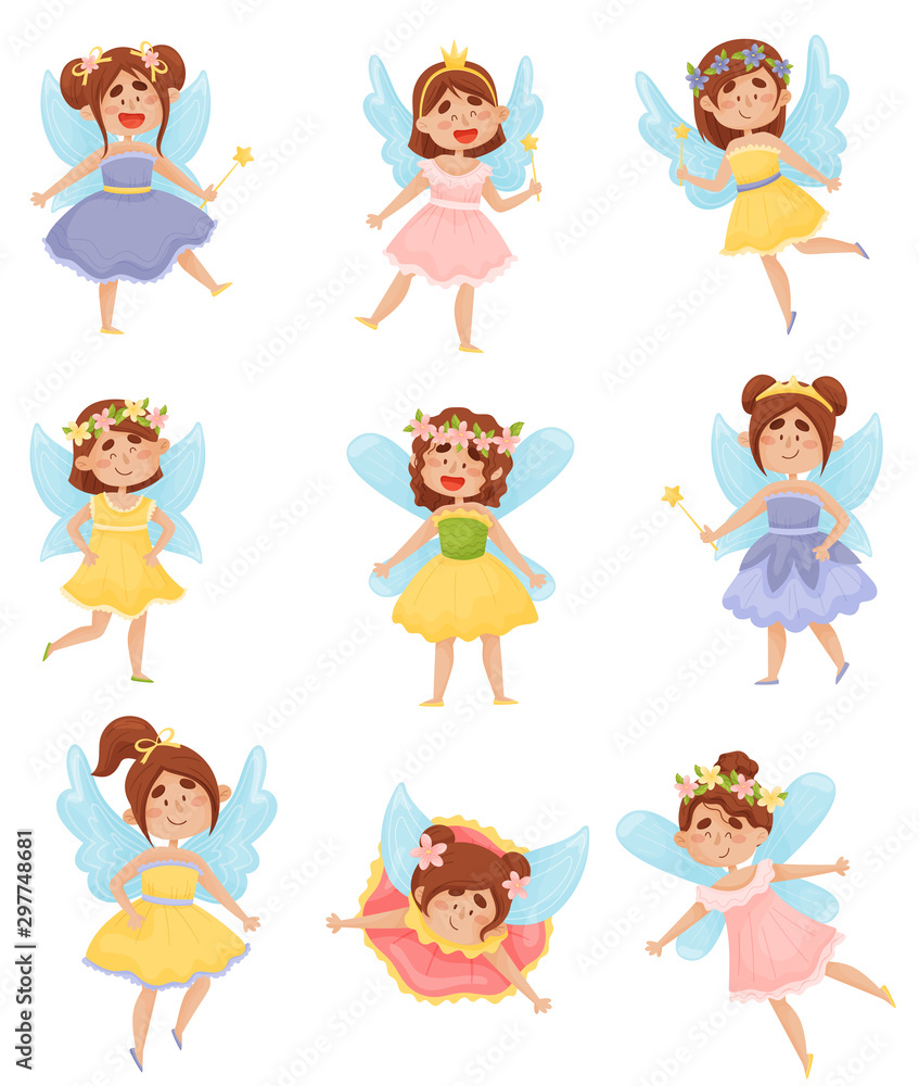 Set of cartoon fairies with wings in colorful dresses. Vector illustration on a white background. Set of cartoon fairies with wings in colorful dresses. Vector illustration on a white background.