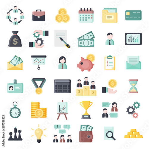 Colorful business themed flat vector icons set
