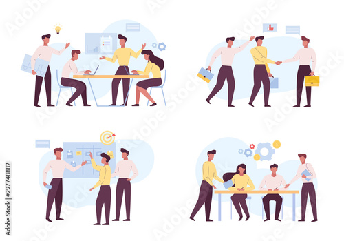 Successful coworking, teamwork flat vector illustrations set