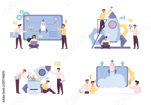 Startup development, launch flat vector illustrations set