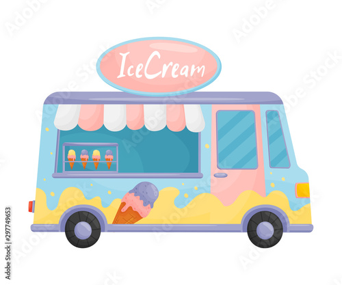 Light blue and pink food truck with ice cream. Vector illustration on a white background.