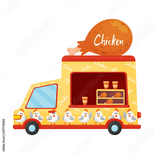 Yellow food truck with a pattern of inscriptions Chicken. Vector illustration on a white background.