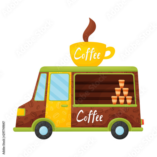 Brown with yellow coffee truck. Vector illustration on a white background.