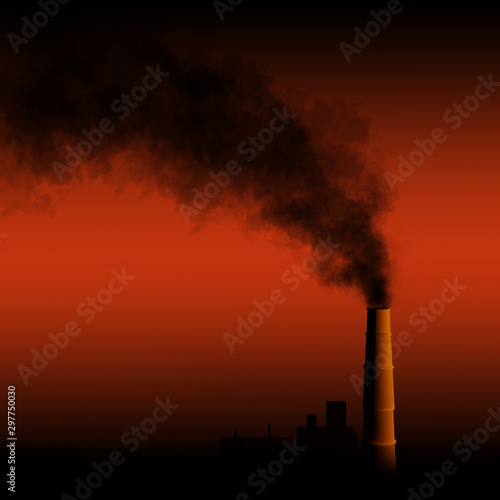 Plant and chimney stack with black smoke and dirty orange air as an illustration for pollution and importance of climate. A 3D illustration.