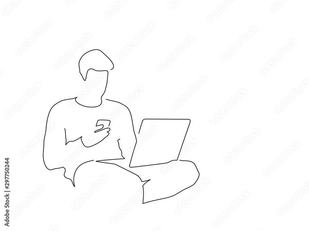 People using technology line drawing, vector illustration design. Friends collection.