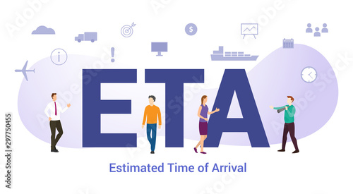eta estimated time of arrival concept with big word or text and team people with modern flat style - vector