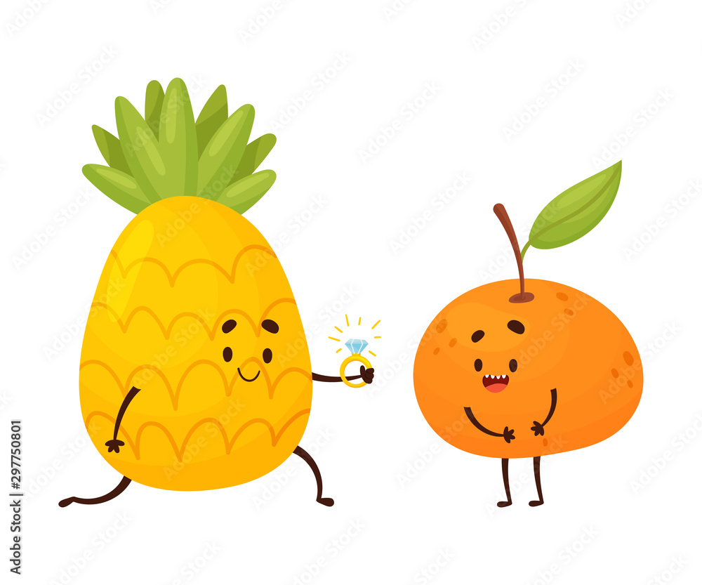 Humanized pineapple ring gives mandarin. Vector illustration. Humanized pineapple ring gives mandarin. Vector illustration.