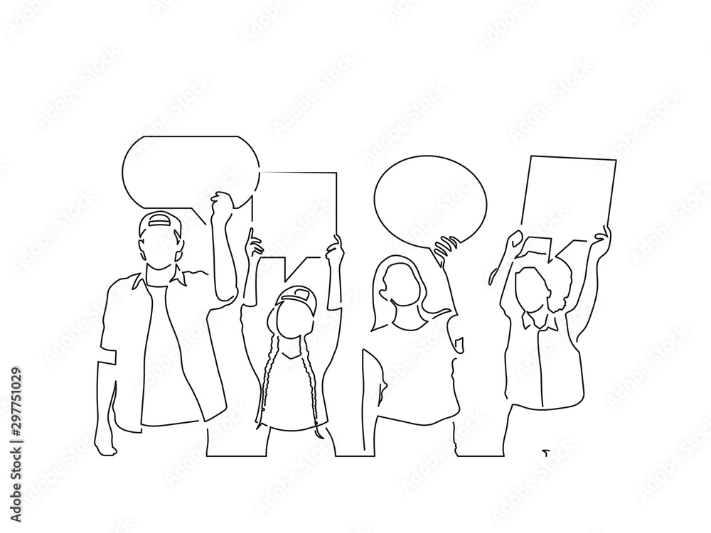 People holding banners line drawing, vector illustration design. Friends collection. People holding banners line drawing, vector illustration design. Friends collection.