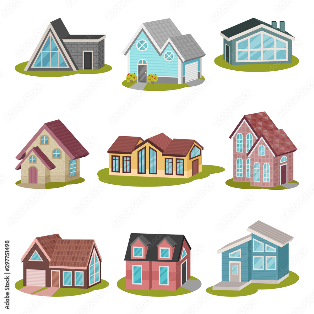 Set of creative modern houses of different shapes. Vector illustration.