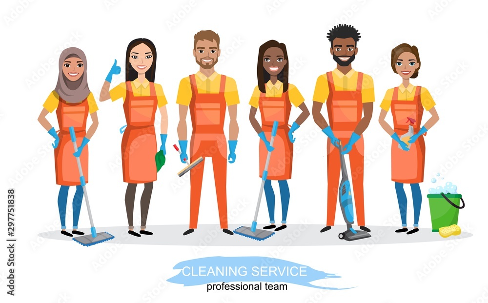 Professional cleaners team. Young multiracial smiling people are holding cleaning tools. Vector illustration of cartoon characters Professional cleaners team. Young multiracial smiling people are holding cleaning tools. Vector illustration of cartoon characters