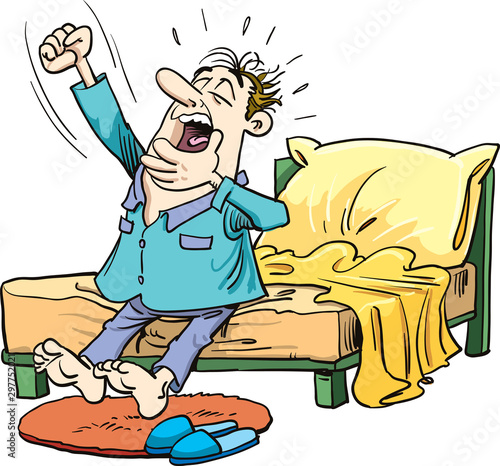 Man is waking in bed morning.