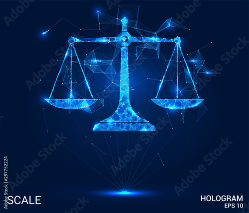 Hologram scales. Scales of polygons, triangles of points and lines. Libra horoscope low poly compound structure. The technology concept.