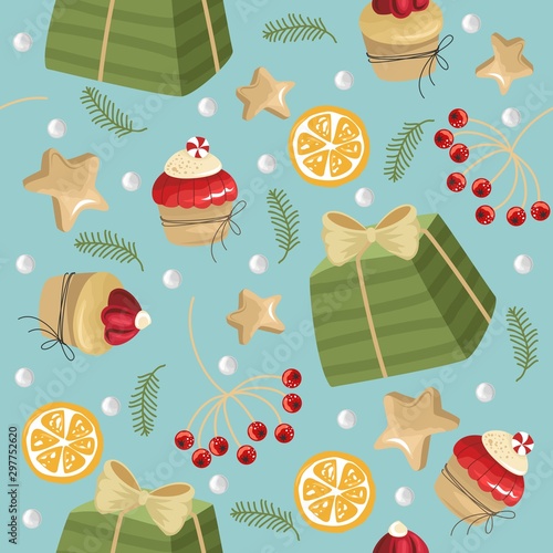 Christmas and New year festive seamless pattern for wrapping paper or fabric with different elemets. Fashionable vintage style.