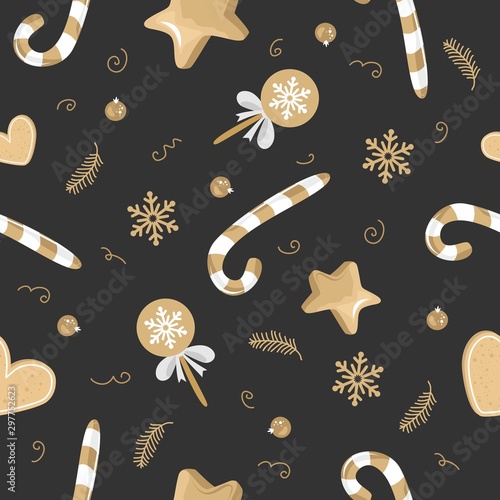Christmas and New year festive seamless pattern for wrapping paper or fabric with different elemets. Fashionable vintage style.