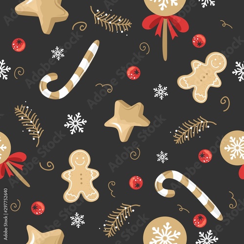 Christmas and New year festive seamless pattern for wrapping paper or fabric with different elemets. Fashionable vintage style.