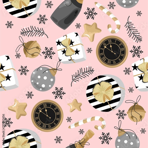 Christmas and New year festive seamless pattern for wrapping paper or fabric with different elemets. Fashionable vintage style.