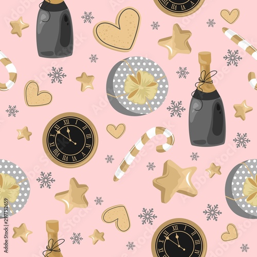 Christmas and New year festive seamless pattern for wrapping paper or fabric with different elemets. Fashionable vintage style.