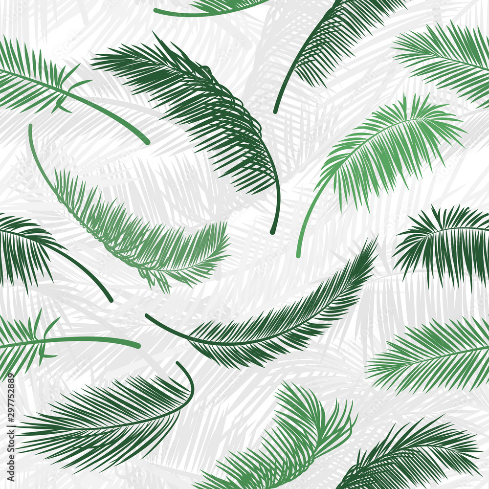 Tropical green palm tree leaves in seamless pattern. pattern for print design, wallpaper, site backgrounds, postcard, textile, fabric. illustration. Vintage seamless palm leaf pattern.