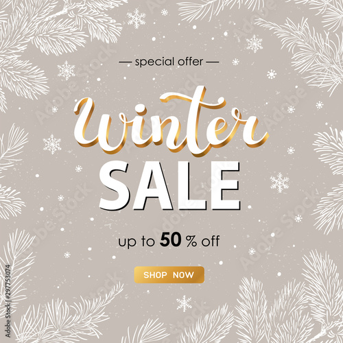 Winter sale vector poster with discount text and snow elements for shopping promotion.