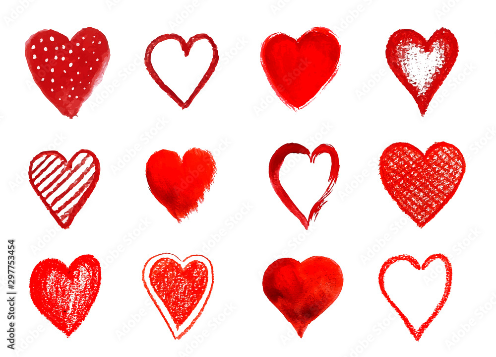 Hand Painted Vector Heart Shape Set. Red Hearts Isolated on White Background. Hand Painted Vector Heart Shape Set. Red Hearts Isolated on White Background.