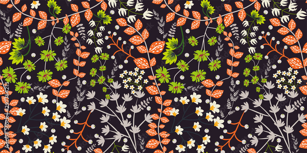 Floral seamless pattern. Light green, white, light orange flowers, leaves on a dark brown background. Vector illustration in fresh colors. A wonderful template for design, prints.