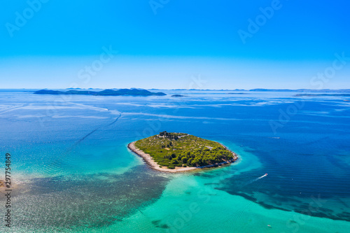 Beautiful blue paradise, archipelago on Adriatic sea in Croatia, near Pakostane, aerial seascape